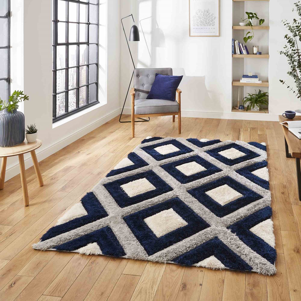 Olympia GR224 Modern Geometric Shaggy Rugs in Grey Navy